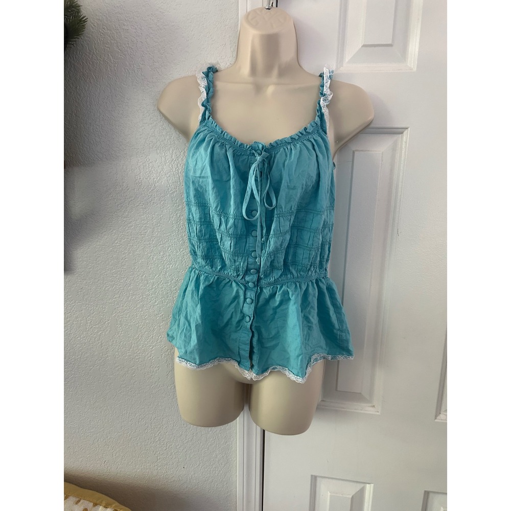 Teal Blue Smocked Peplum Lace Trim Button Front Cottagecore Tank Top